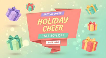 Special Offer Holiday Cheer Sale 50 Percent Off Banner with Floating Colorful Christmas Gifts and Soft Bokeh Background Illustration