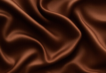 Close up of rich chocolate brown satin fabric with smooth flowing folds and glossy sheen, ideal for luxury fashion backgrounds, textile design, and high end product photography