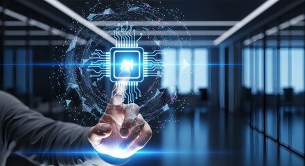 Futuristic AI chip interface activated by a human finger in a modern, abstract digital network environment, symbolizing innovation and connectivity.