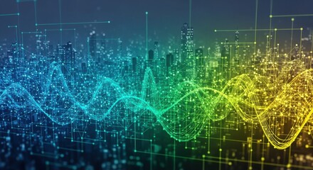 Abstract Digital Cityscape with Data Waveforms urban