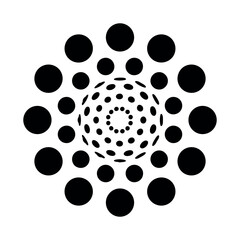 Circular arrangement of black dots with perspective effect on a white background symmetrical design