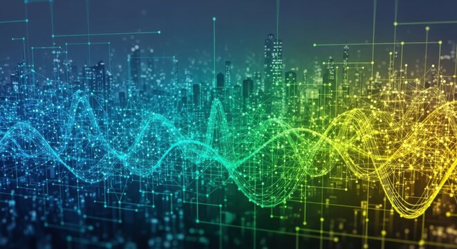 Abstract Digital Cityscape with Data Waveforms urban