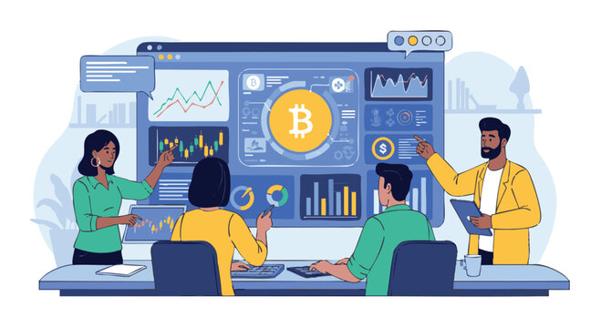 bitcoin analysis team meeting, charts, graphs, and data clip art preview