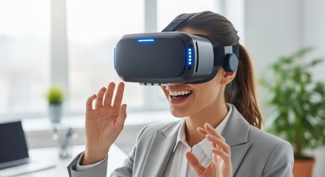 Excited woman in VR headset in office setting virtual reality