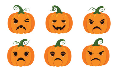 A collection of six different carved pumpkins displaying various emotions on their faces for Halloween.