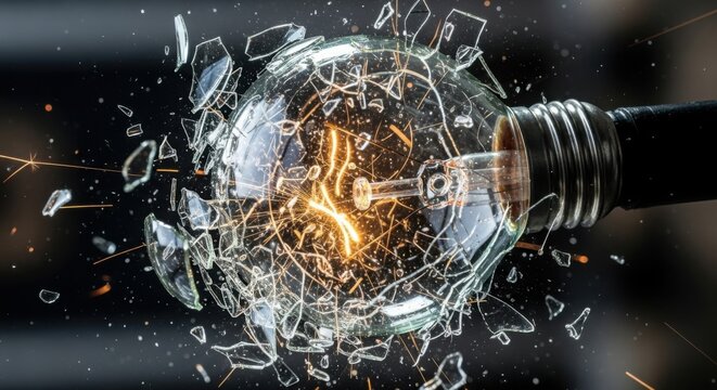 Incandescent light bulb shattering with sparks flying