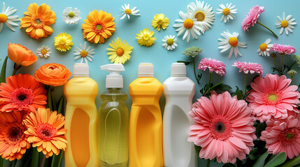 Colorful cleaning supplies surrounded by fresh flowers on a light blue background.  Colorful plastic bottles of cleaning products and various vibrant flowers arranged in an aesthetic display.