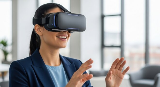 Woman in Suit Gesturing While Wearing VR Headset virtual reality
