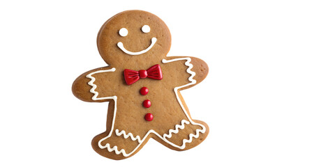 Cute gingerbread man cookie decorated with white icing and a red bow tie. Traditional Christmas dessert isolated on transparent background. Festive holiday symbol for winter, baking, and New Year cele