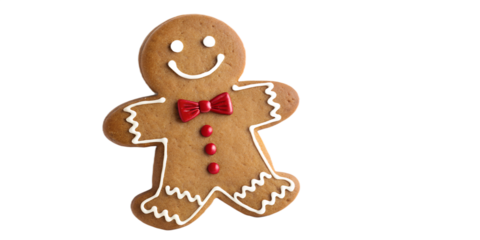 Cute gingerbread man cookie decorated with white icing and a red bow tie. Traditional Christmas dessert isolated on transparent background. Festive holiday symbol for winter, baking, and New Year cele