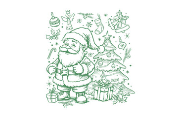 Santa Claus Christmas Scene Line Art hand drawn style illustration Sublimation Design