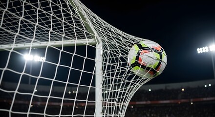 Close-up moment of a soccer ball going into the goal during a night soccer match at the stadium