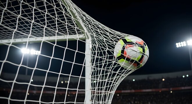 Close-up moment of a soccer ball going into the goal during a night soccer match at the stadium