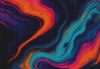 Vibrant abstract swirl of neon colors and flowing marbled patterns with bold orange, pink, purple and teal tones, creating a dynamic background texture for creative design projects
