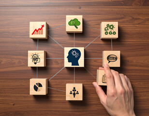 Creative Brainstorming and Idea Generation Process with Flowchart and Icons on Wooden Table