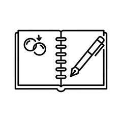 Open notebook with pen and wedding rings icon