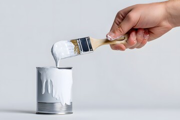 Person is painting a white can with a brush. The person is holding the brush in their hand and the paint is dripping from the can
