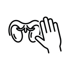 Line art icon of a uterus and ovaries with a hand in front