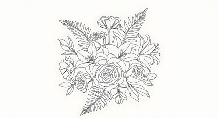 Detailed line drawing of a floral arrangement with roses lilies and fern leaves on a white background