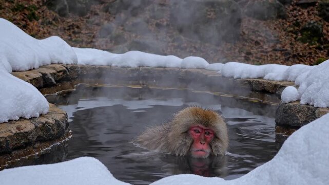 A low-angle video captures a snow monkey soaking in a hot spring, surrounded by snow, showcasing tranquility and nature's contrast in winter.
