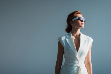 confident person wearing ai glasses stands in ultraminimalist environment embodying technological sophistication