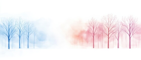 A serene watercolor illustration featuring bare trees in blue and pink hues, creating a tranquil, dreamlike landscape.