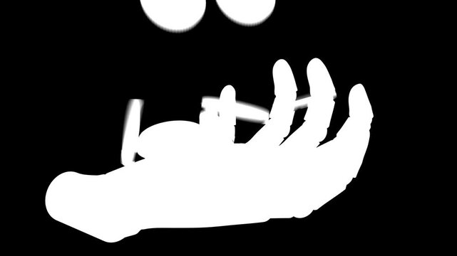 coins fall on the hand of a robot or prosthesis or technological android robot. Render on a black background with the possibility of using an alpha channel. 3d render