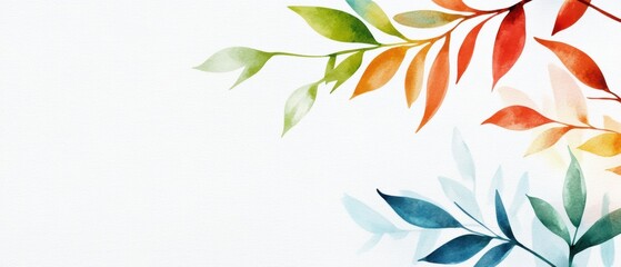A vibrant watercolor illustration of colorful leaves in various shades, creating a delicate and artistic border against a light background.