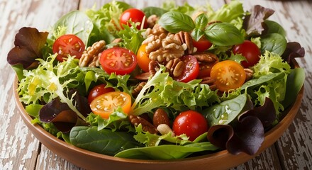 Fresh garden salad with tomatoes and walnuts