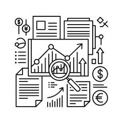 Financial analysis and business growth chart with magnifying glass and currency symbols