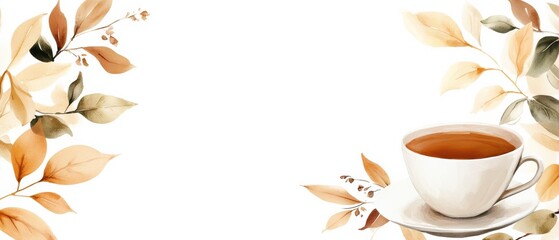 A serene illustration featuring a cup of tea surrounded by gentle autumn leaves in warm colors, creating a cozy ambiance.