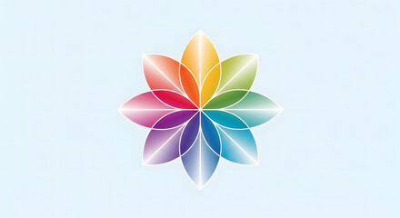 A colorful flower design with petals arranged in a circular pattern on a light blue background