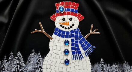 A festive mosaic snowman wearing a hat and scarf against a dark background.