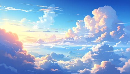 Cartoon-style skyscape with fluffy clouds and brilliant sunlight