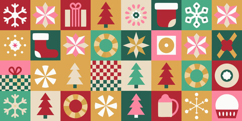 Retro geometric christmas pattern with snowflakes trees gifts and stockings in warm colors