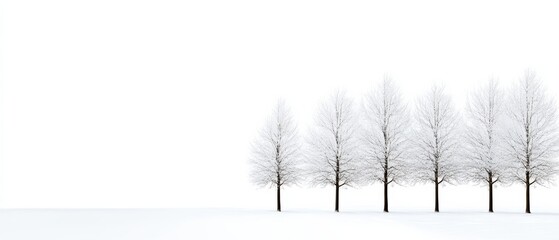A serene winter landscape featuring a row of bare trees against a white background, evoking a sense of calm and tranquility.