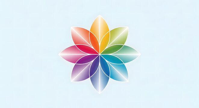 A colorful flower design with petals arranged in a circular pattern on a light blue background