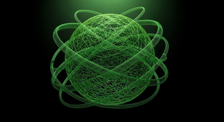 A glowing green abstract sphere with intricate interwoven lines and orbiting rings against a dark background.
