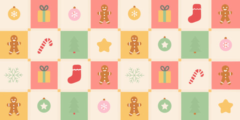 Cute christmas pattern with gingerbread cookies candy canes ornaments snowflakes gifts and trees