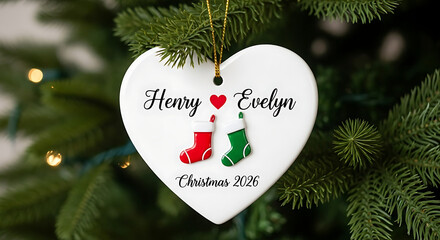 Heart-shaped Christmas ornament with names Henry and Evelyn and two Christmas stockings, dated 2020.