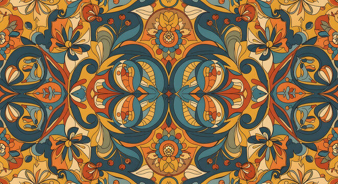 Symmetrical floral pattern with teal orange and yellow colors in a retro vintage style background art