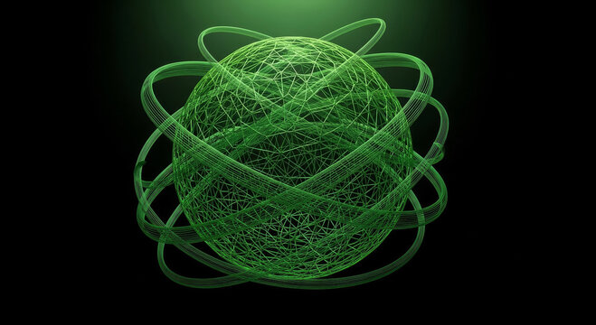 A glowing green abstract sphere with intricate interwoven lines and orbiting rings against a dark background.