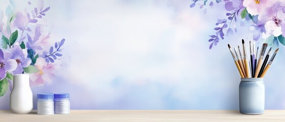 A serene artistic workspace featuring watercolor brushes and paint, complemented by a floral watercolor backdrop in soft purples and blues.