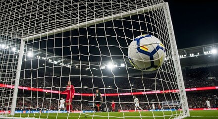 Soccer ball scoring goal into goal with players and spotlights in background of stadium football field