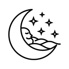 Stylized drawing of a sleeping baby on a crescent moon surrounded by stars
