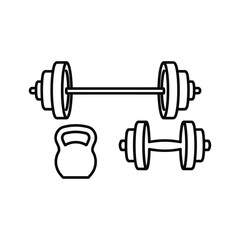 Weightlifting equipment including a barbell, dumbbells, and kettlebell