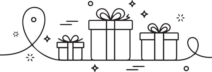 Minimalist outline of festive gift boxes with decorative elements