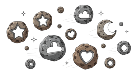 Cartoon Space Asteroids with Cloud Star Heart Shapes Isolated Cutout Transparent PNG