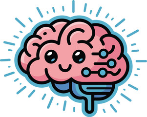 Cute smiling cartoon brain with digital circuit details and glowing blue lines symbolizing creativity, intelligence, and technology.