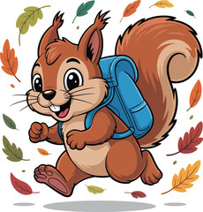 Cute cartoon squirrel with a blue backpack happily running surrounded by colorful autumn leaves and cheerful energy.